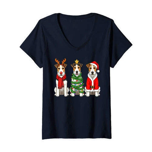 Funny Vintage Xmas Wire Hair Fox Terrier Christmas Womens Retro Christmas Fox Terrier Santa Reindeer Dog Lover V-Neck T-Shirt