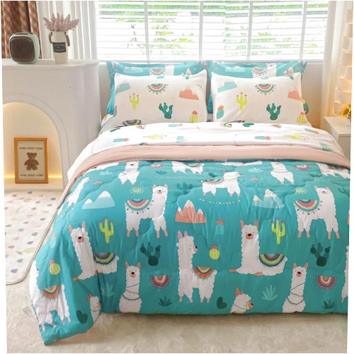 Wajade Kids Cute Llama Comforter Set Bed in A Bag Full Size 7 Piece Green Alpaca Tropical Plant Bedding Set for Girls Boys (1 Comforter, 1 Flat Sheet, 1 Fitted Sheet, 2 Pillowcase and 2 Pillow Sham)