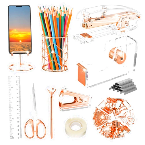 Aibocn Rose Gold Desk Accessories, Office Supplies, Acrylic Stapler, Staple Remover, Tape Holder, Pen 1000pcs Staples, Diamond Pen, Phone Scissors, Binder Clips, Ruler,Transparent Glue