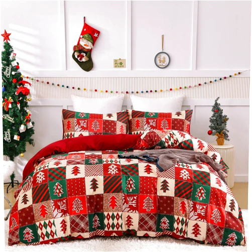 Dintszyayue Christmas Duvet Cover Set Queen Size,3 Pieces Patchwork Plaid Bedding Set Red and Green Christmas Tree Printed Duvet Soft Microfiber Duvet Comforter Covers with Zipper Closure