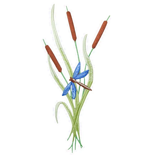 Wholesale Applique Cattails with Blue Dragonfly - Embroidered Iron on Patch