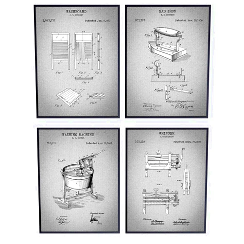 YELLOWBIRD ART & DESIGN Laundry Room Patent Art Prints - Vintage Retro Wall Art Poster Set - Chic Modern Home Decor - Great Gift for Women and Housewarming - Set of 4-8x10 Photos - Unframed - Grey