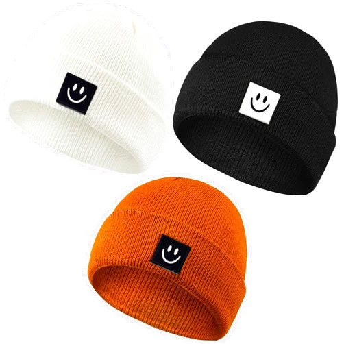Mepase 3 Pcs Baby Smile Face Beanie Cap Beanie Knit Hats for Toddler Kids Beanie Caps Smile Face Embroidered Soft Winter Hats