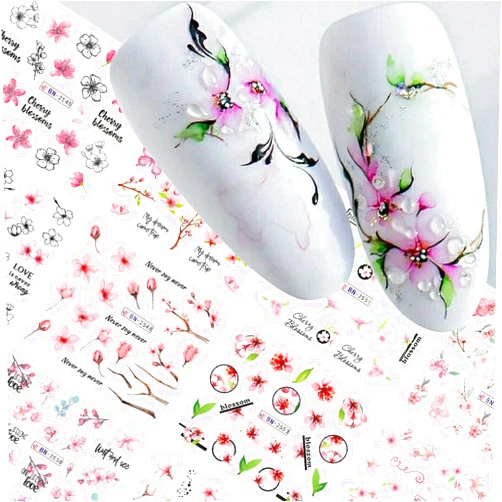 HOXIEYA Pink Flower Nail Art Sticker Sakura Water Transfer Nail Stcikers Decal Nail Art Decoration Supplies Cherry Blossom Leaf Flotal Nail Design for Women Girls Manicure Decor (Cherry Blossom)