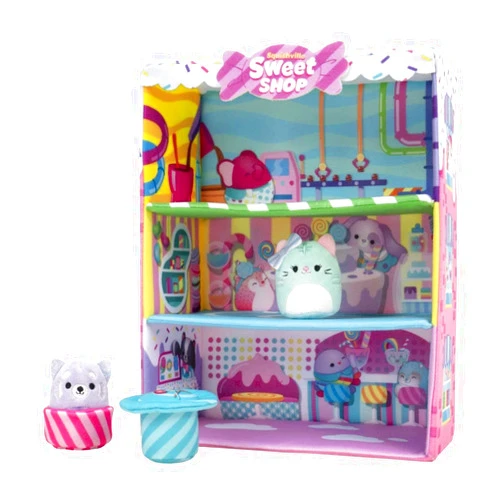 Squishville by Original Squishmallows Sweet Shop - Playset with 2-Inch Priya The Purple Panda, Tres’zure The Teal Cat & Bistro Table and Chair - Toys for Kids