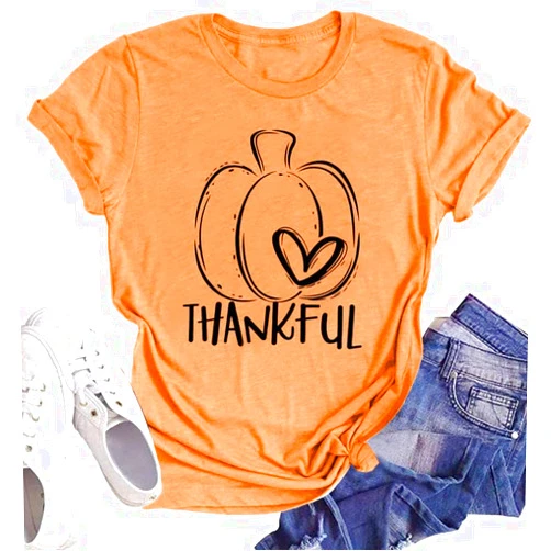 VVNTY Thankful Shirts Women Thanksgiving Pumpkin T-Shirt Funny Graphic Tees Short Sleeve Fall Tshirts