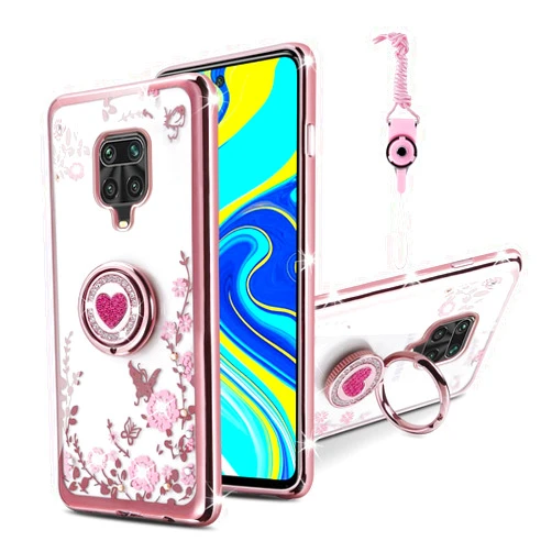 TSAYGFK for Xiaomi Redmi Note 9 pro Case, Redmi note 9s case for Women Glitter Crystal Soft Bling Butterfly Heart Floral Clear Protective Cover with Kickstand+Strap for Redmi Note 9s/Note 9 pro (Rose Gold)