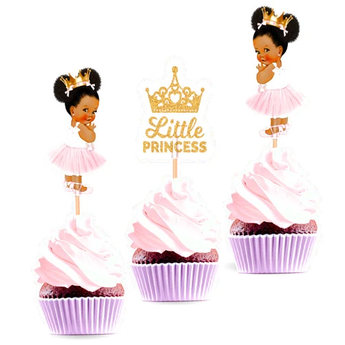 Bella and Bentley Novelty Little Princess Cupcake Cake Toppers - African American Royal Themed Baby Shower Birthday Party Decorations Supplies for Girl - 24 PCS
