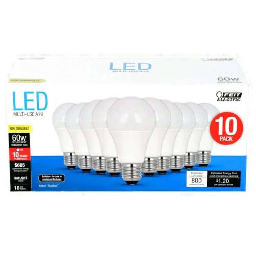 Feit Electric FEIT 9w LED Light Bulbs, 60w Equivalent, 800 Lumens Natural Day Light 5000K, 10 Pack