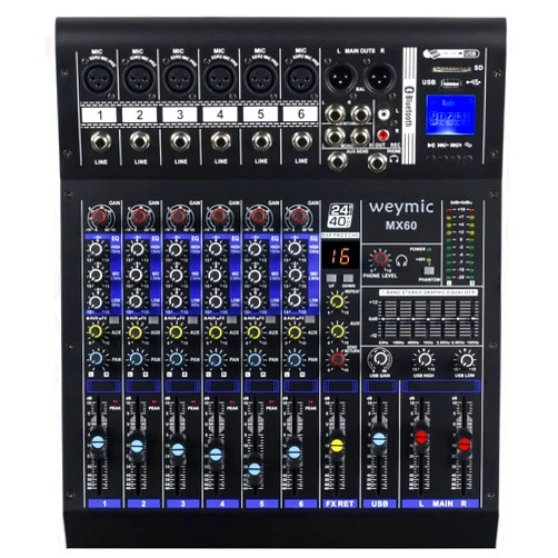 WEYMIC MX-60 Professional Mixer (6-Channel) for Recording DJ Stage Karaoke/W Graphic Equalizer and DSP Effector w/USB Drive for Recording Input, XLR Microphone Jack, 48V Power, RCA Output