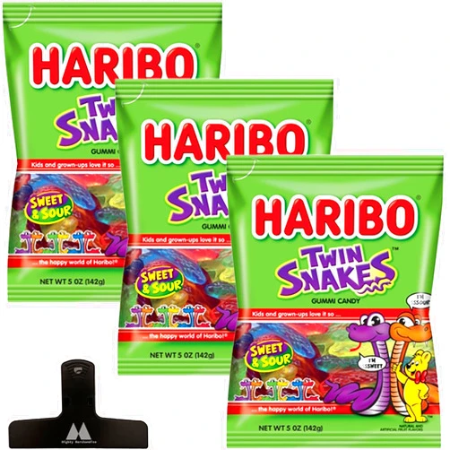 Mighty Merchandise Haribo Twin Snakes Gummies Candy - 5 oz Bags (Pack of 3) - With Mighty Merchandise Bag Clip