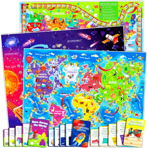 QUOKKA 3X Set Learning Board Games for Kids 8-12 - Educational Trivia Cards Ages 6-8 - Travel United States - World Map - Explore Outer Space - Gift for Children and Teens 4-8 - Jigsaw Puzzles