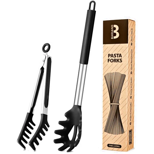 Badiano Silicone Spaghetti Spoon & Pasta Tong, Non-Stick Stainless Steel Handle Pasta Fork Set with Teeth, Food Clip for Easy Serving of Noodles (Black)