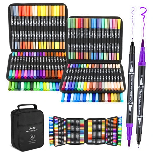 Ohuhu Markers: 160 Colors Brush Pens Dual Brush Fine Tip Drawing Pens Water-Based Coloring Markers for Calligraphy Bullet Journal with Carrying Case - Maui - Black