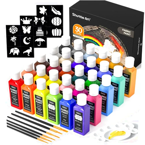 Shuttle Art Fabric Paint, Shuttle Art 30 Colors Permanent Soft Fabric Paint in Bottles (60ml/2oz) with Brushes, Palette, Stencils, Non-Toxic Textile Paint for T-shirts, Shoes, Jeans, Bags, DIY Projects&Art Crafts