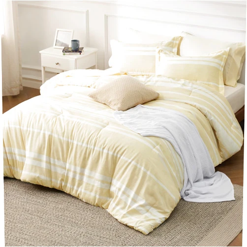 Bedsure Queen Comforter Set 7 Pieces, Beige Striped Bedding Set for Queen Size Bed Reversible, Cationic Dyeing Bed in a Bag with Comforter, Sheets, Pillowcases & Shams