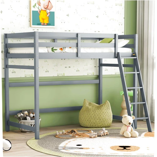 CNANXU Solid Wood Loft Bed with Ladder and Safety Guardrail for Boys,Girls,Teens and Adults,Twin Size Bed Frame for Bedroom w/Wooden Slat Support,Space Saving,No Spring Box Needed, Noise Free (Gray)