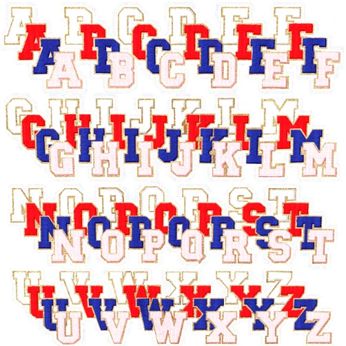 Geosar 104 Pcs Letter Patch Iron on Chenille A-Z Repair Alphabet Applique Patches Embroidered Letter Sew on with Gold Border for Bags Shirts(2.36'',Bright Color)
