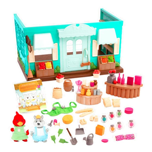 Li'l Woodzeez – General Store Dollhouse Playset 72Pcs – 2 Posable Doll Figures & 1 Storybook Included – Miniature Furnitures & Accessories – Stackable Playset for Kids 3+