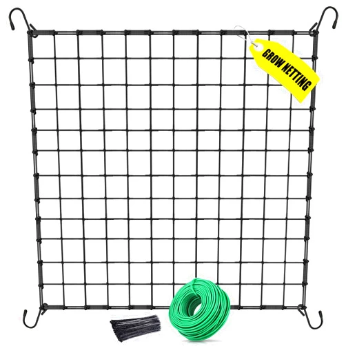 SHPPETONB 5x5 Grow Tent Trellis Netting with 16.4Ft Soft Plant Ties, Heavy-Duty Elastic Trellis Netting for Climbing Plants Indoor with 3.9
