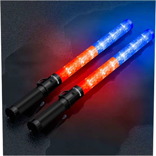 E-riding 2 Pcs 21inch Red and Blue Light Baton, Signal Traffic Safety Wand Led Light with 3 Flashing Modes for Traffic Control Parking Guide