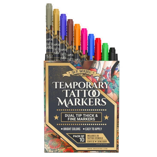 Ink Scribd Temporary Tattoo Markers - Premium Tattoo Pens For Skin - Assorted Colored Body Markers - Tattoo Starter Kit Supply With Stencil - Skin Safe - Pack of 10