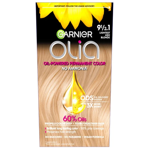 Garnier Hair Color Olia Ammonia-Free Brilliant Color Oil-Rich Permanent Hair Dye, 9 1/2.1 Lightest Ash Blonde, 1 Count (Packaging May Vary)