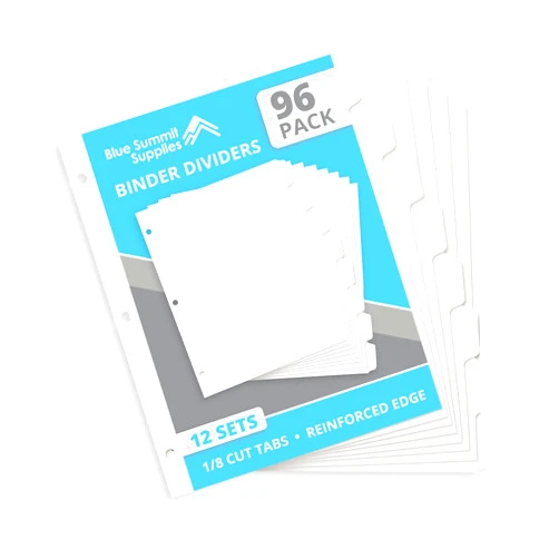 Blue Summit Supplies Blue Summit 3 Ring Binder Dividers with Tabs, Reinforced Edge, 1/8 Cut, Letter Size, 8 Tab Dividers for 3 Ring Binder Bulk, White, 12 Sets, 96 Pack