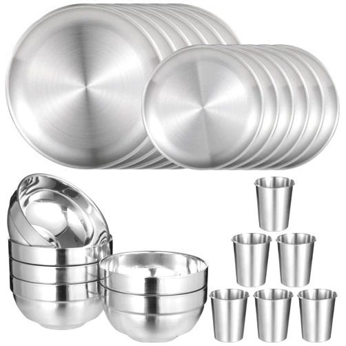 OMISTAR 24 PCS Stainless Steel Dinnerware Set, Includes 12PCS 6.7 & 10.2 in Plates, 6 Pieces Bowls and 6 Pieces Cups, 304 Reusable Camping Mess Kits for Home Kitchen, Dorm and Outdoor Picnic (Silver)