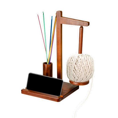 MiiMoo Wooden Yarn Holder with Phone Stand and Crochet Hook Storage - Magnetic Yarn Spool for Knitting and Crocheting, Ideal Choice for Craft Lovers