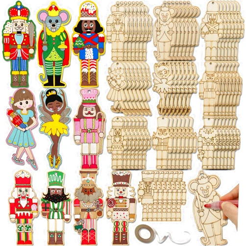 Generic 70 Set Christmas Nutcracker Ornaments Crafts DIY Blank Wooden Nutcracker Cutout Unfinished Wood Ballet Mouse King Walnut Soldier Craft Supplies Hanging for Xmas Tree Home Decor (70)
