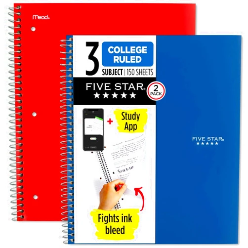 Five Star Spiral Notebooks Plus Study App, 2 Pack, 3 Subject, College Ruled Paper, 11