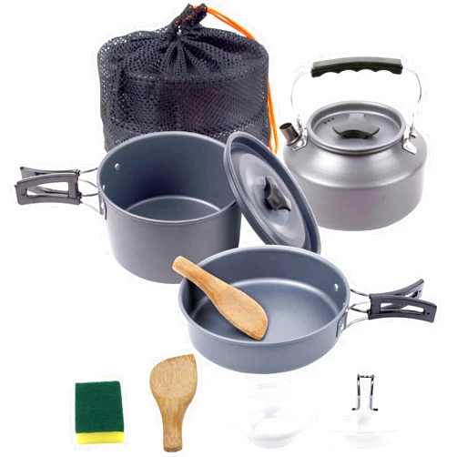 Generic Outdoor Camping Cookware Set with Pot Pan and Kettle，Camping Cookware Mess Kit Portable Hiking Backpacking Cooking Pot Set Survival Cooking Gear Lightweight Cookware