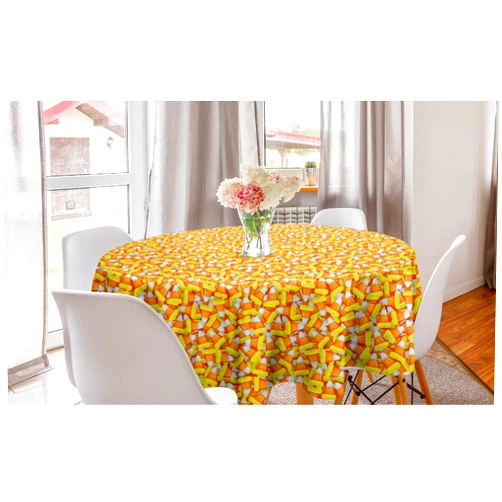 Lunarable Candy Corn Round Tablecloth, Halloween Design of Cartoon Style Foods Scattered Randomly, Circle Table Cloth Cover for Dining Room Kitchen Decoration, 60
