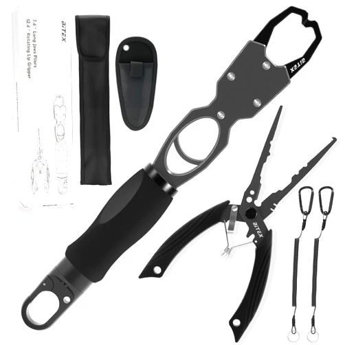 BiteX Fish Lip Gripper with Scale 40lb, 360° Rotating Fish Gripper, One-Hand Operation Fish Holder for Saltwater & Freshwater, with Fishing Pliers, Hook Remover & Sheath – Fishing Gift for Men