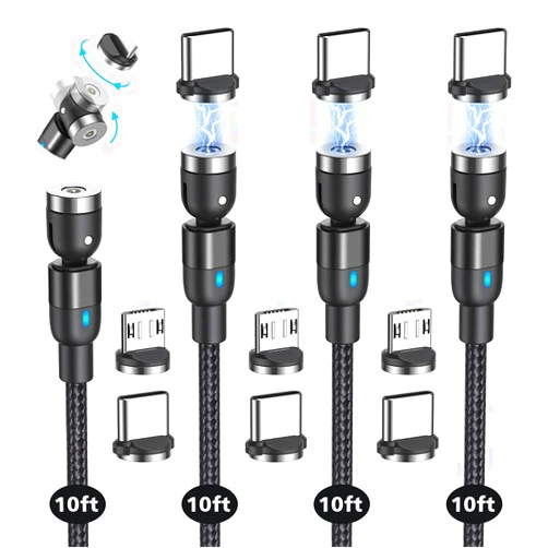 CJOY Magnetic Charging Cable(4 Pack 10ft+10ft+10ft+10ft), 540°Degree Rotation Magnetic USB Nylon Braided Magnetic Phone Charger for Type C, Micro USB…