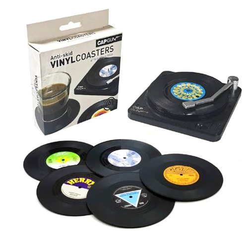 REDIVA Funny Retro Vinyl Record Coasters, Creative Drink Coasters Set of 6 with Vinyl Record Player Holder for Music Lovers, Housewarming Hostess Gifts, Birthday Gift Ideas