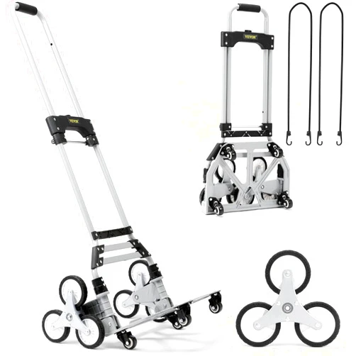VEVOR Stair Climbing Cart, 220 lbs Load Capacity, Foldable Hand Truck with 32.3-45.7 inch Adjustable Handle Height, 4 Universal Wheels & 2 Elastic Ropes, Multipurpose Dolly for Warehouse Shopping
