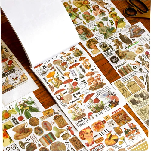 Growkids Vintage Washi Sticker Set 50 Sheets Retro Stuff Rose Plant Animal Mushroom Decorative Adhesive Stickers for Scrapbooking Journaling Planners Art Project DIY Crafts