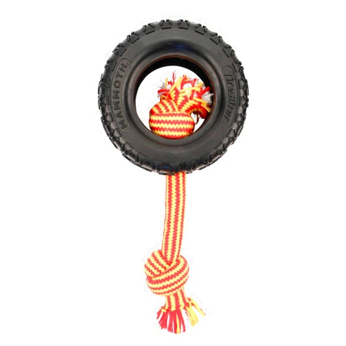 Mammoth Pet Products Mammoth TireBiterII with Cotton-Poly Rope – Natural Rubber Dog Toys for Extreme Chewers – Dog Toys for Extra Long Interactive Play – Aggressive Chewer Toys for Medium - Large Dogs - Large 6”