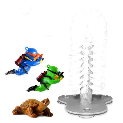 JJMOLLE Turtle Brush with Suction Cup Toys for Turtles, Including 2 Little Diver Aquarium Ornaments and Turtle Figurine Aquarium Decorations, Aquatic Turtle Tank Accessories, Tortoise Supplies