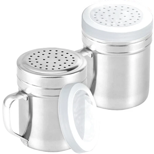 CUSINIUM Metal Salt Pepper Dredge Shakers - With Handle - Seasonings Spice Shakers With Holes and Lids - 10 Ounce, 2pcs | Style: Medium
