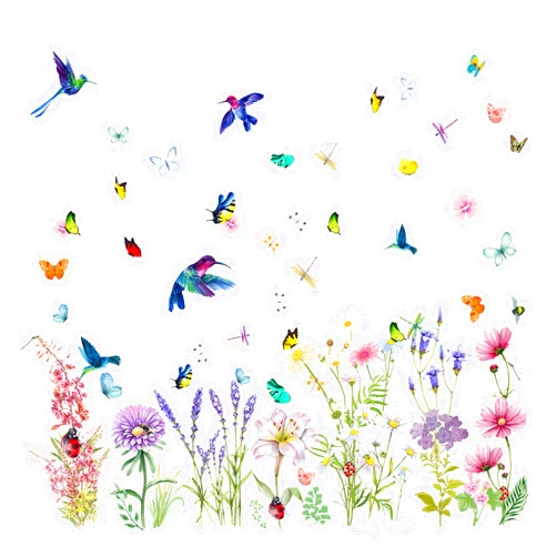 BWCXXZH Garden Flower Wall Decals Window Clings, Narcissus Iris Florals Window Decals Peel and Stick, Green Leaves Wall Vinyl Decal, Butterfly Bouquet Wall Art Decor for Girls Bedroom Window Doors