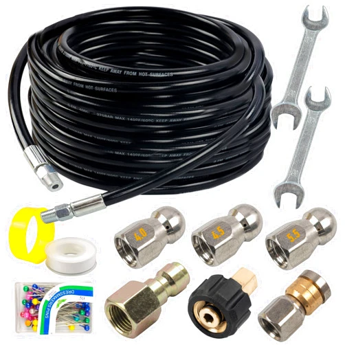 Hourleey Sewer Jetter Kit for Pressure Washer 50FT, Drain Cleaner Hose 1/4 Inch NPT, Orifice 4.0 Button Nose and Rotating Sewer Jetting Nozzle Spanner Tape Pearl Corsage Pin, 4000 PSI