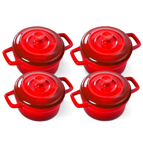 Lareina Mini Cocotte - 12oz Ceramic Casserole Dishes - Kitchen Casserole Sets With Handles And Lid - Small Baking Ramekins - Oven, Microwave & Dishwasher Safe - Set of 4 - Red