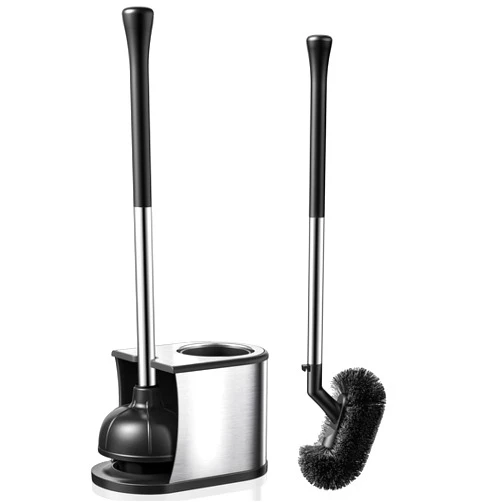 HAMITOR Toilet Plunger and Brush Set: 2 in 1 Stainless Steel Rustproof Combo with Deep Cleaning Curved Bristles - Heavy Duty Toilet Unclogging for Family Bathroom - Compact Apartment Accessories
