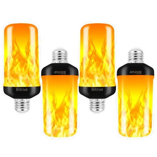 Bitrue LED Flame Effect Light Bulb, 4 Modes Flame Light Bulbs, E26 Base Fire Light Bulb with Gravity Sensor,Flickering Light Bulbs Halloween Home Party(4 Pack)