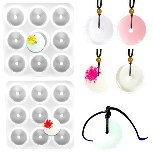 Szcelling 2Pcs Round Silicone Mold Circle Button Pendant Resin Epoxy Mold with Hole 9 Cavity Crystal Lucky Charm Resin Casting Mold Agate DIY Wind Chimes Keychain Jewelry Making Tool Handmade Craft