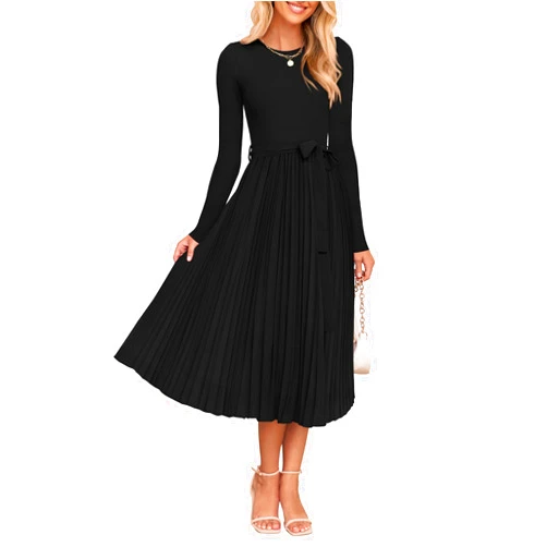 ZESICA Women's Fall Long Sleeve Midi Dress Casual Crewneck Knit Belted Pleated A Line Flowy Party Dresses