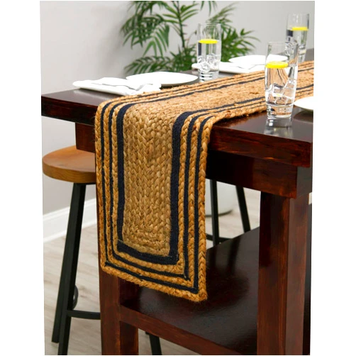 Rangneel Fabrics®Hand Braided Jute Table Runner Rug,Table Top Placemats, Natural and Navy Blue(1.5x6 Feet)